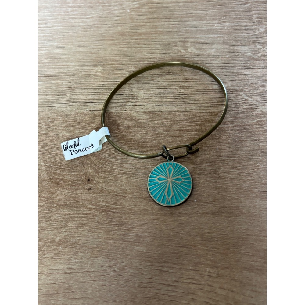 Gleeful Peacock Have Faith Cross Charm Bangle Bracelet Brass Teal Enamel NEW